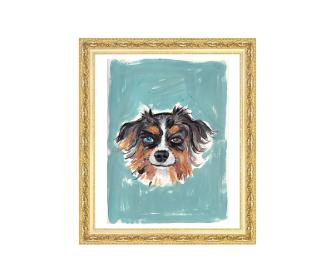 Custom oil-painted portrait of a Mini Australian Shepherd, framed in an elegant gold frame. The painting highlights the dog’s striking blue and brown eyes against a teal background, showcasing the pet’s lively personality.