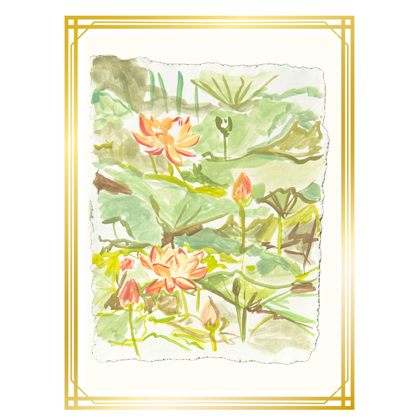 Lilly Pad & Lotus Flower Painting on Paper
