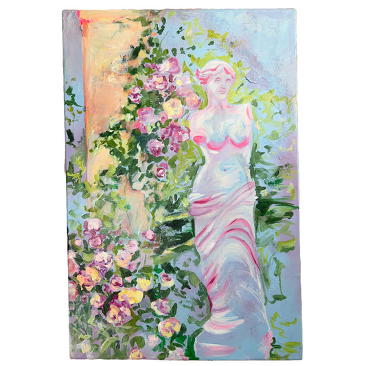 Original painting titled 'Garden Statue with Blooming Roses' by Natalie Zoghby, featuring a classical statue surrounded by lush, blooming roses in soft pastel tones. The 20x30 inch artwork is created on stretched canvas using acrylic and spray paint.