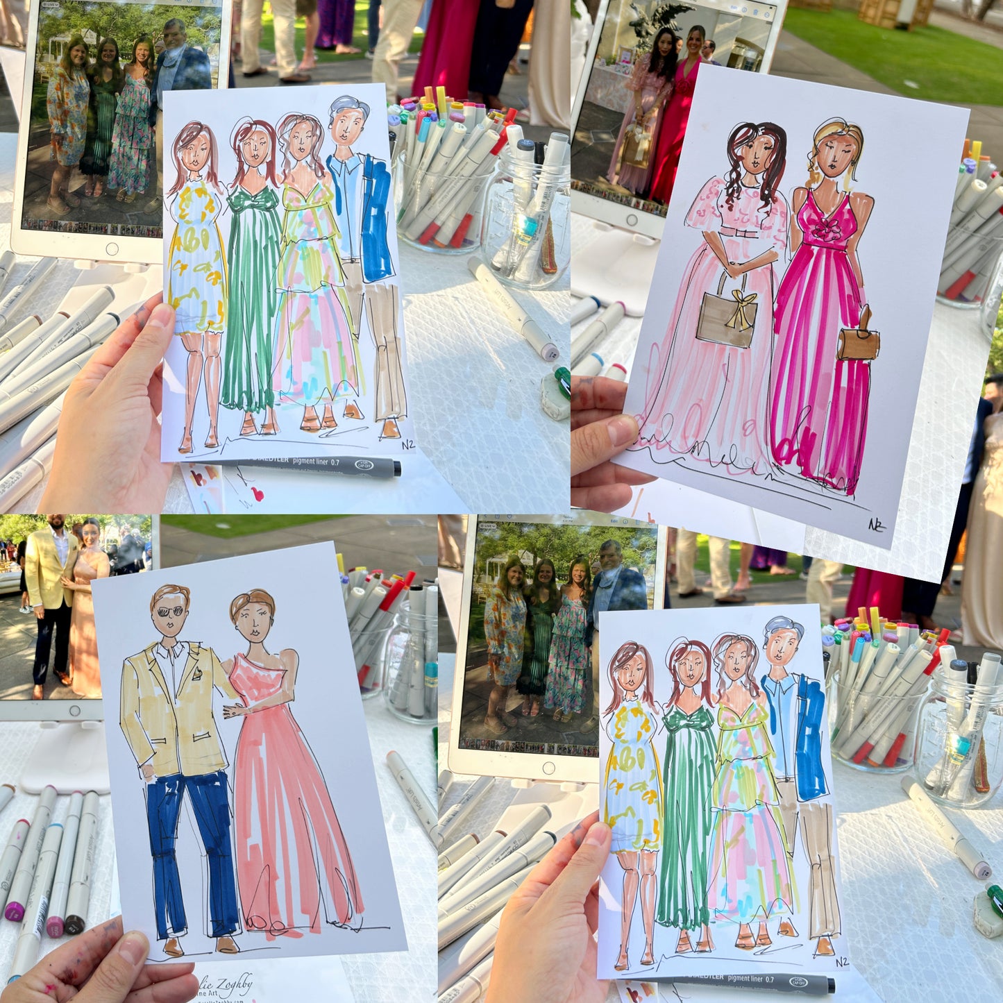 Collage of custom pen and ink portraits created by artist Natalie Zoghby at a wedding event, showing guests dressed in formal attire. Each portrait captures the unique style and essence of the guests.