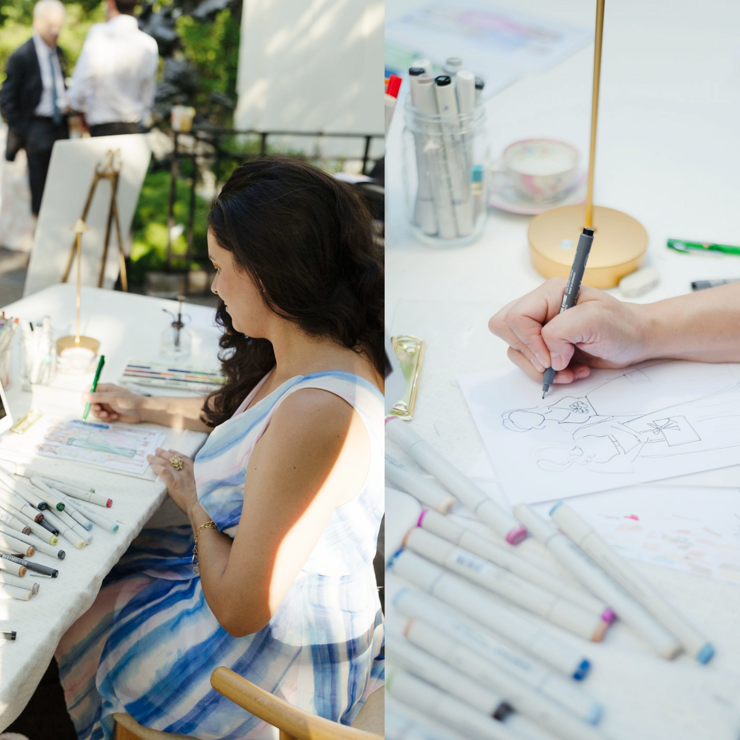 Artist Natalie Zoghby working on a custom guest portrait at a live event, surrounded by markers and pens on a wooden table. The drawing captures a guest’s outfit and essence with intricate pen and ink details.
