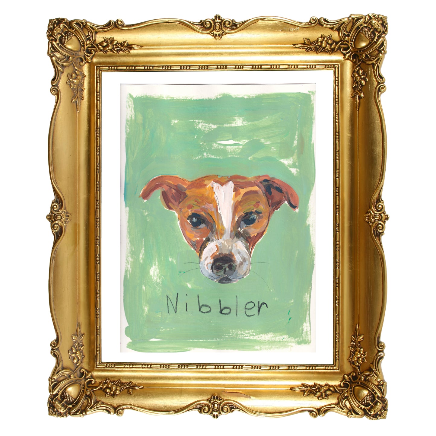 Custom oil-painted portrait of a dog named Nibbler, framed in an ornate gold frame. The painting features a close-up of Nibbler’s face on a soft green background, capturing the pet’s unique expression.
