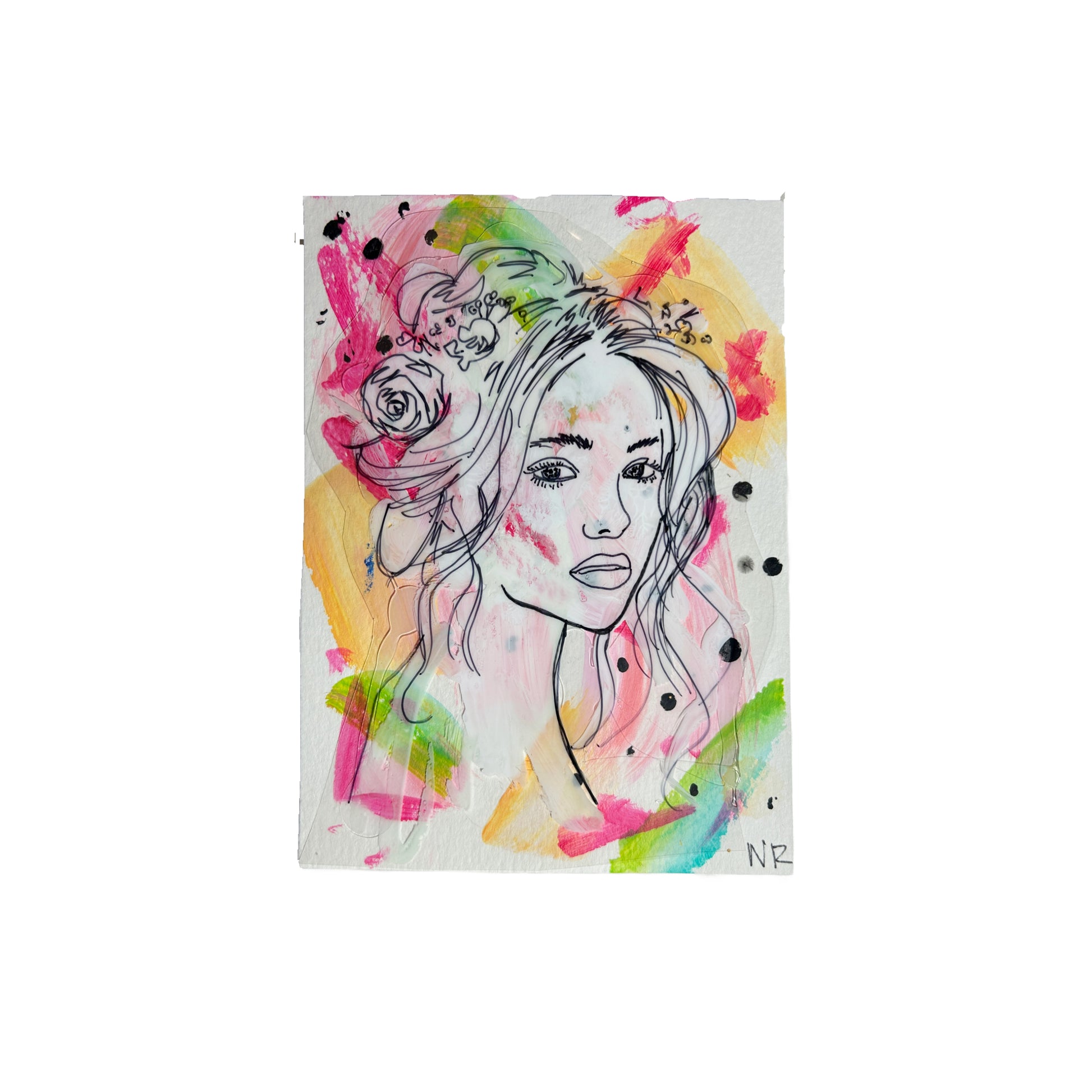 5x7 inch painting of a goddess by Natalie Russo, featuring a black line drawing of a woman's face with colorful abstract acrylic accents in the background. The painting is created on paper.