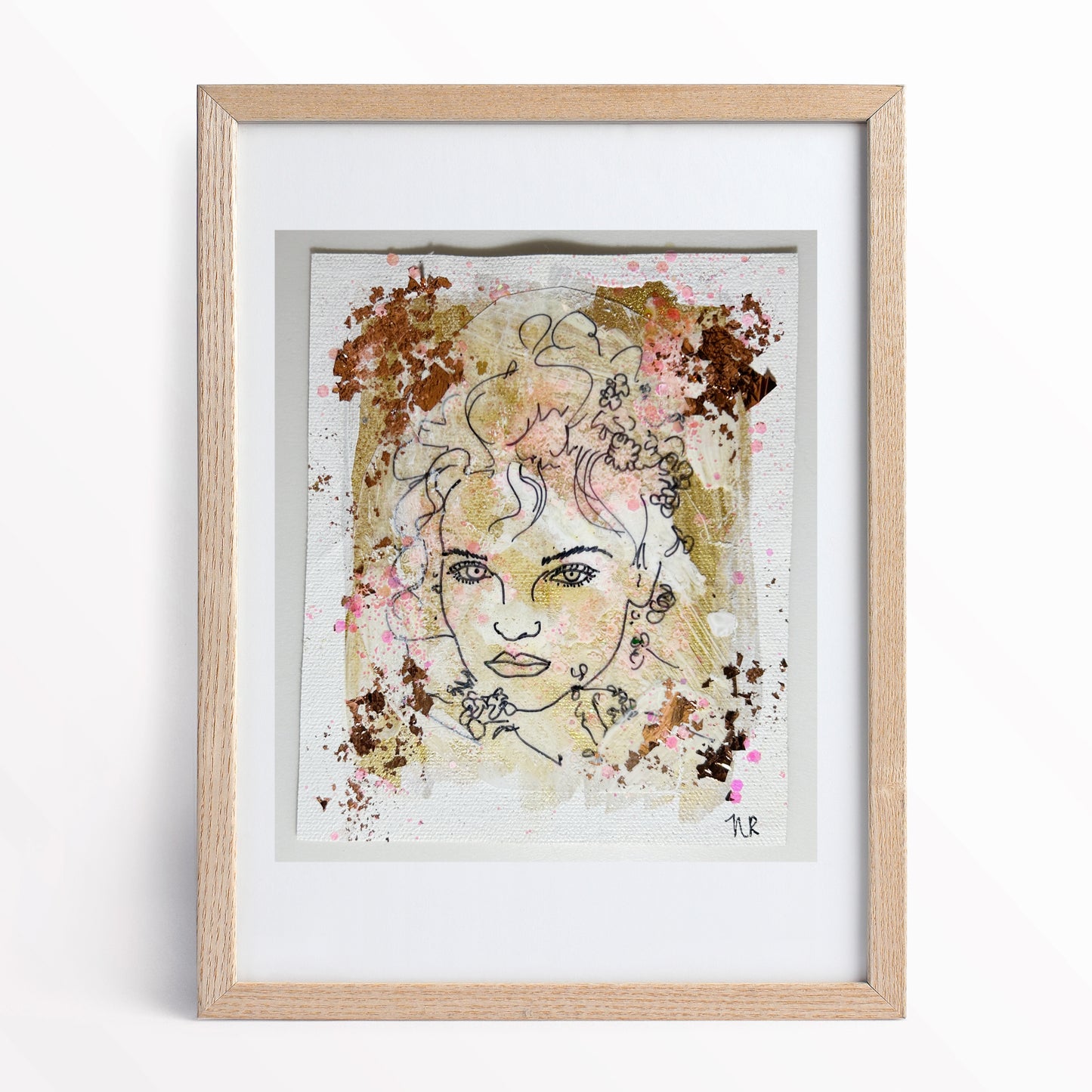 Framed 5x6 inch Copper and Gold Goddess painting by Natalie Russo, featuring a delicate line drawing of a goddess with metallic copper and gold leaf accents on a canvas sheet, ready for display.