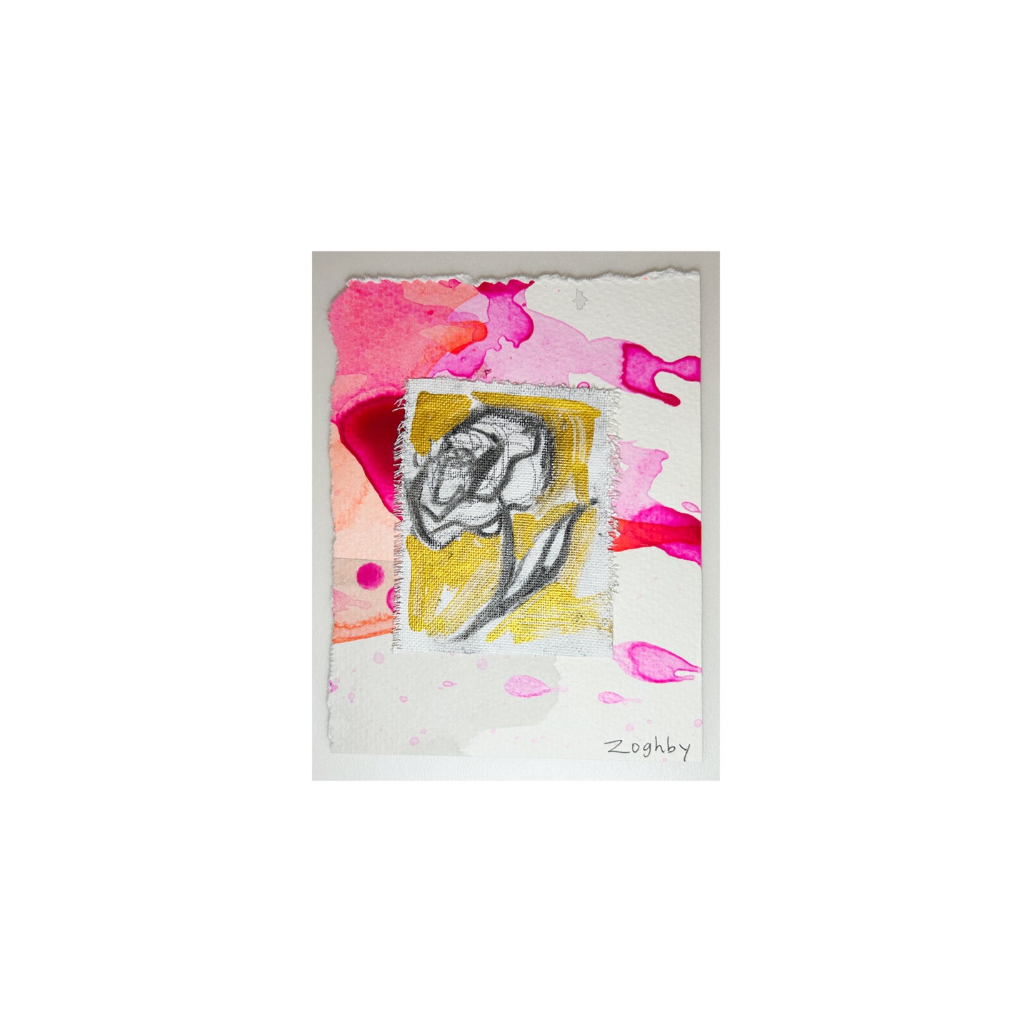 5x6 inch Flower Sketch by Natalie Russo, featuring a pencil sketch of a flower with bold pink and gold acrylic accents on paper, unframed and ready to display.