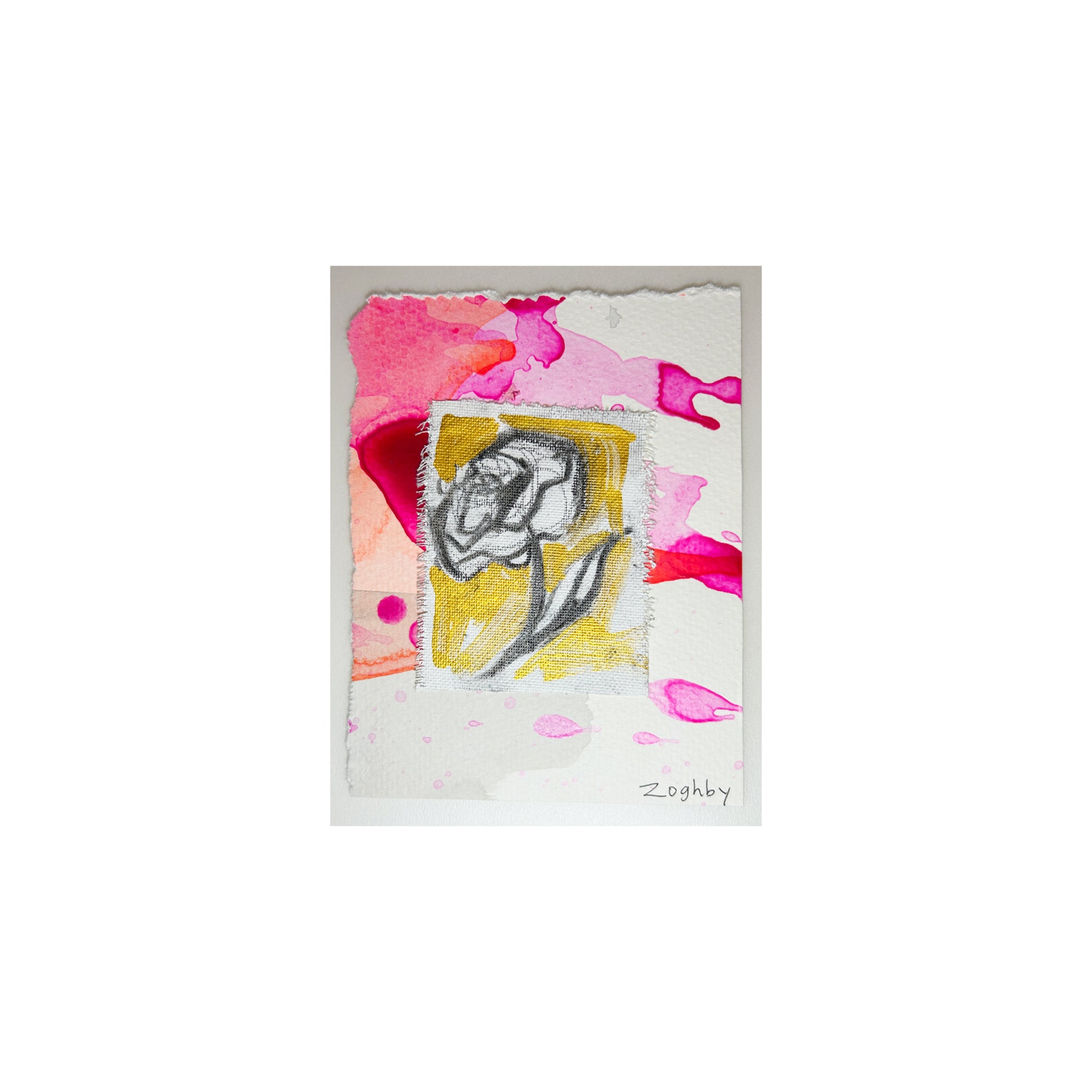 5x6 inch Flower Sketch by Natalie Russo, featuring a pencil sketch of a flower with bold pink and gold acrylic accents on paper, unframed and ready to display.