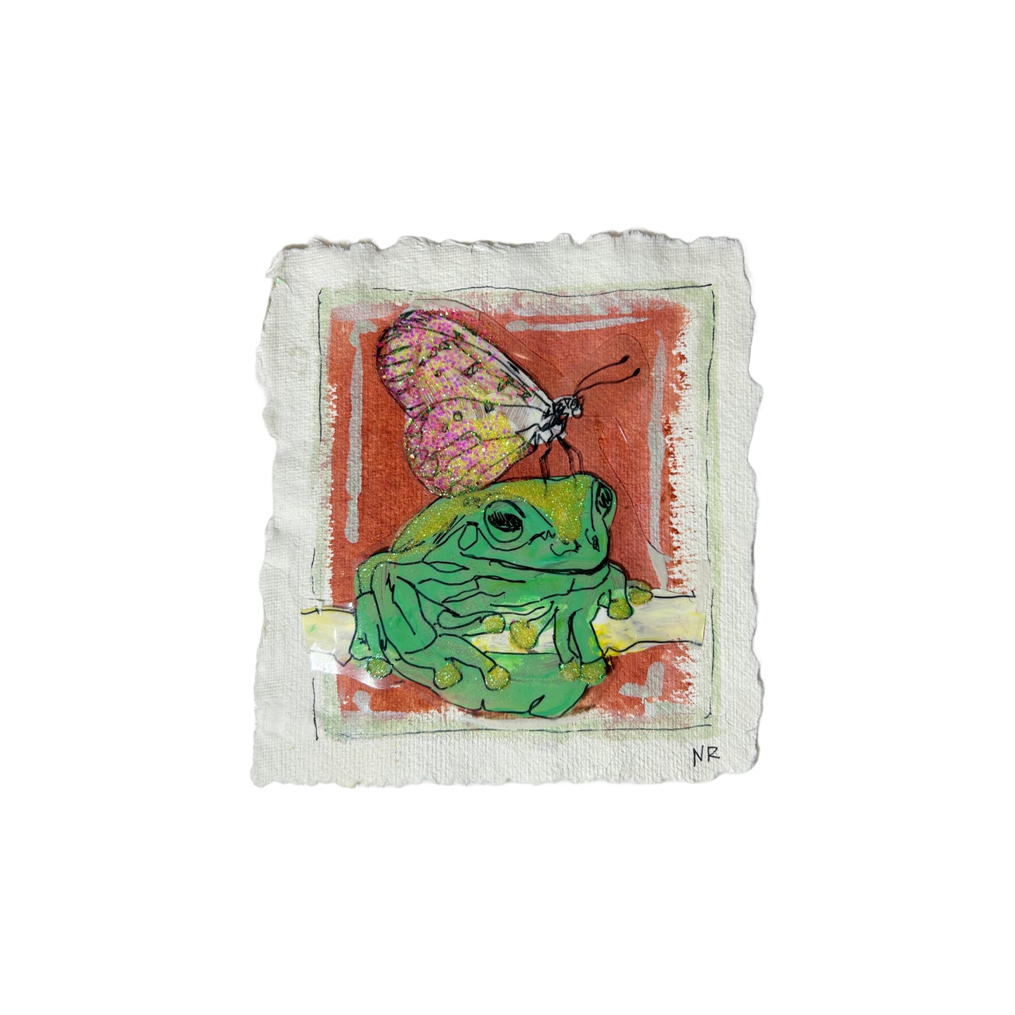 5.5x6 inch painting of a green frog with a butterfly perched on its head by Natalie Russo, painted on handmade watercolor paper. The acrylic painting has a warm, textured background.
