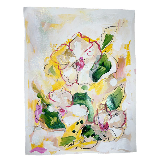 Original mixed media painting titled 'Golden Floral Harmony' by Natalie Russo, featuring a vibrant bouquet of flowers with green leaves and shimmering gold accents. The 18x23 inch artwork is unframed, created on archival watercolor paper with paint, chalk pastels, and glitter.