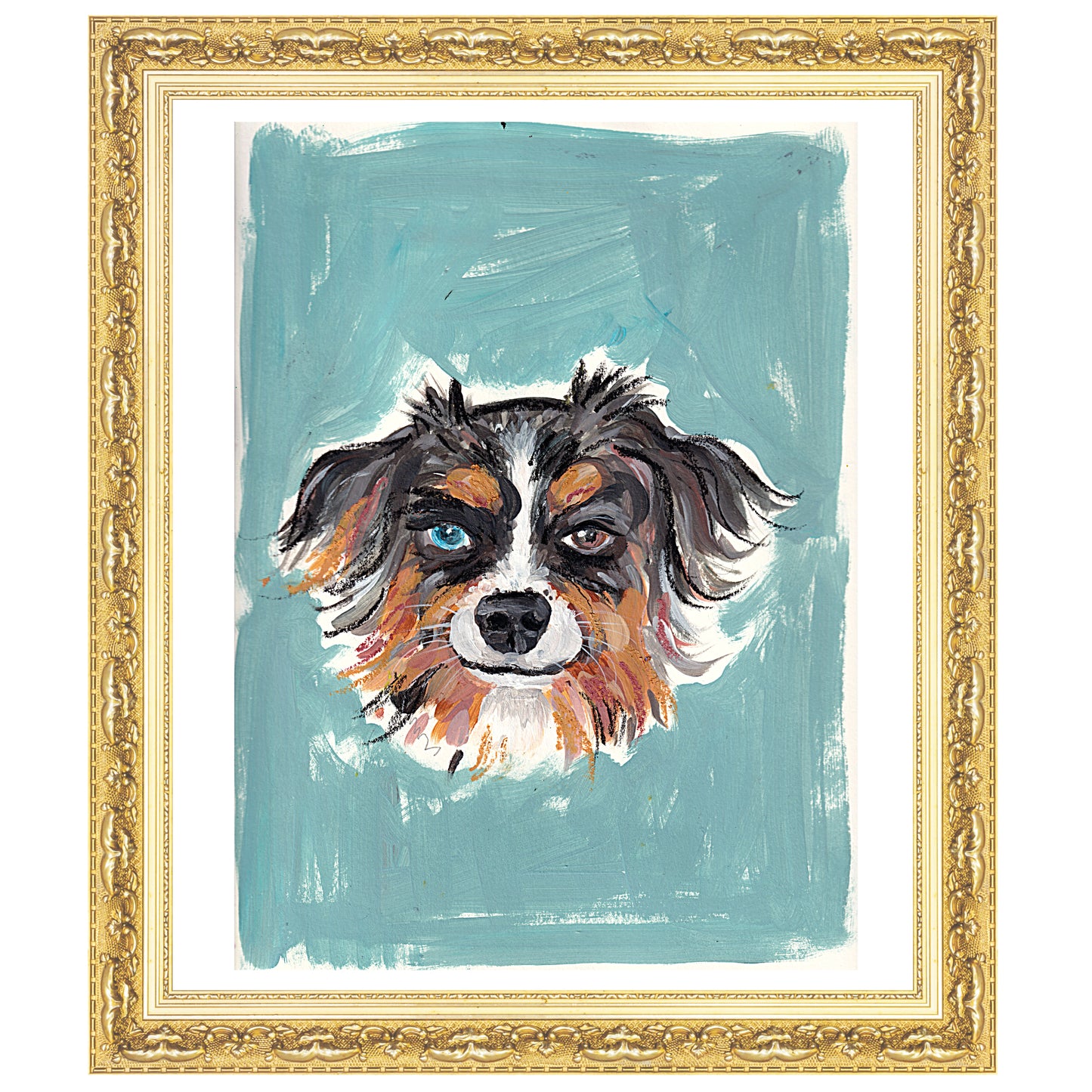 Custom oil-painted portrait of a Mini Australian Shepherd, framed in an elegant gold frame. The painting highlights the dog’s striking blue and brown eyes against a teal background, showcasing the pet’s lively personality.