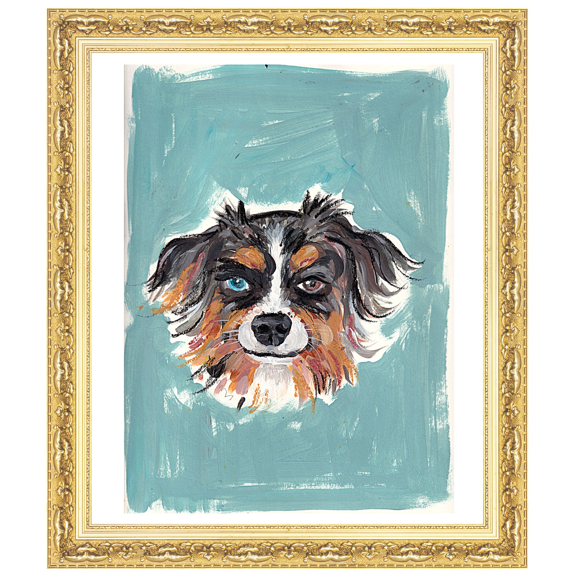 Custom oil-painted portrait of a Mini Australian Shepherd, framed in an elegant gold frame. The painting highlights the dog’s striking blue and brown eyes against a teal background, showcasing the pet’s lively personality.