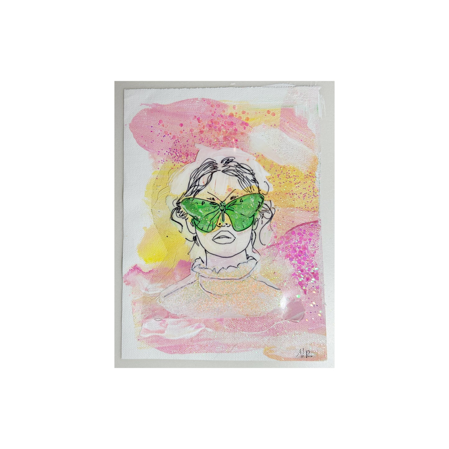 6x8 inch Moth Girl Sketch by Natalie Russo, featuring a girl with moth-shaped glasses against a colorful acrylic and glitter background, unframed and ready to display.