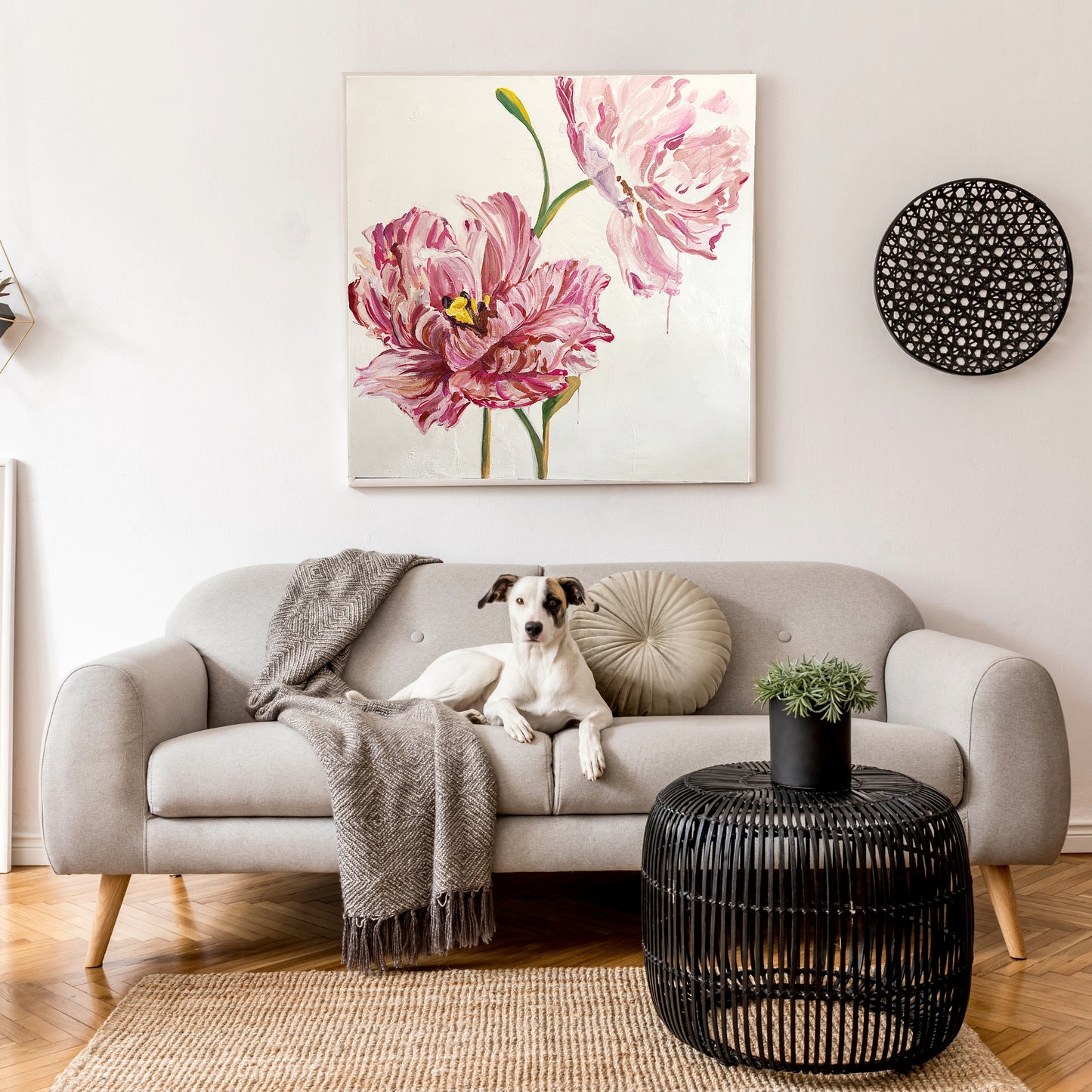 36x36 inch original painting of large pink peonies by Natalie Russo, featuring vibrant flowers with green stems on a white canvas. The acrylic and glitter details add texture and a sparkling effect.