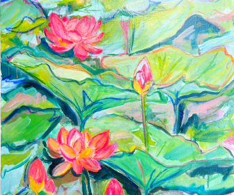 Vibrant painting of pink lotus flowers and lush green lily pads, created by artist Natalie Russo. The artwork showcases the natural beauty and vivid colors of the blooming flowers against the backdrop of layered green leaves.