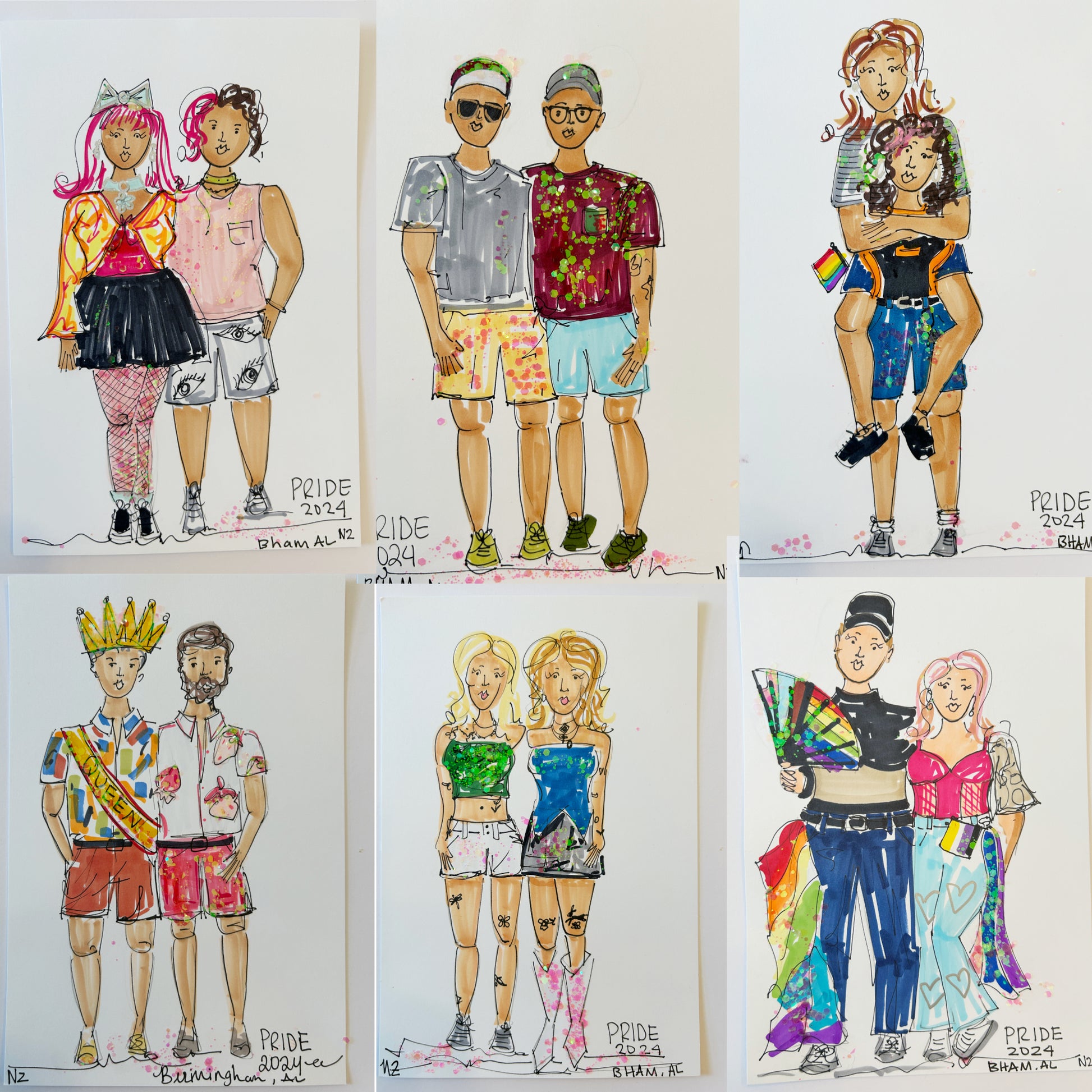 Collage of vibrant pen and ink portraits created by artist Natalie Zoghby during a Pride event in 2024. The drawings capture various guests, showcasing their colorful outfits and unique personalities.