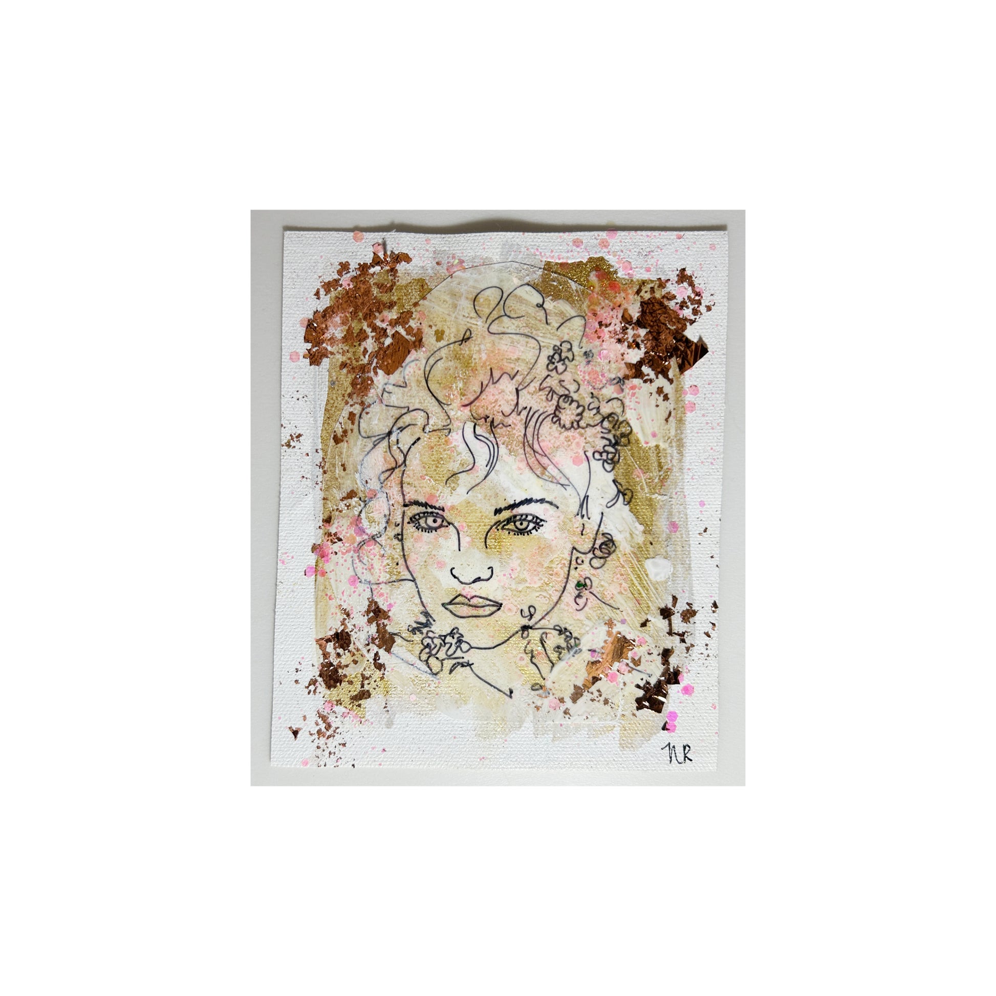 5x6 inch painting of a goddess by Natalie Russo, featuring a black line drawing of a woman’s face with shimmering copper and gold accents on a canvas sheet.