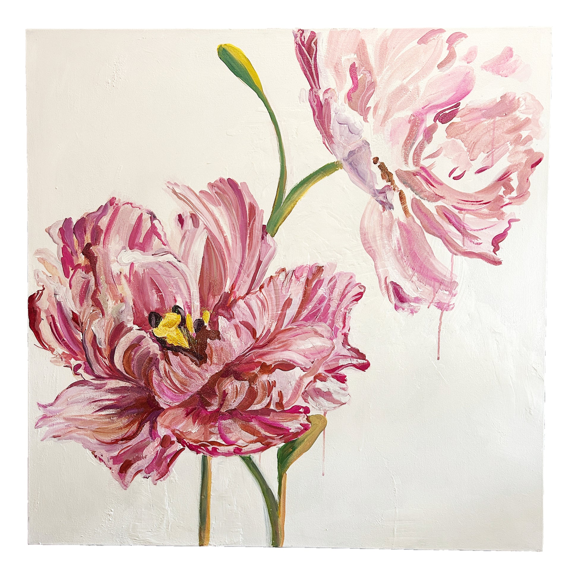 36x36 inch Peony Painting by Natalie Russo displayed in a cozy living room with a dog on the couch. The vibrant pink flowers on canvas add an elegant touch to the modern, neutral decor.
