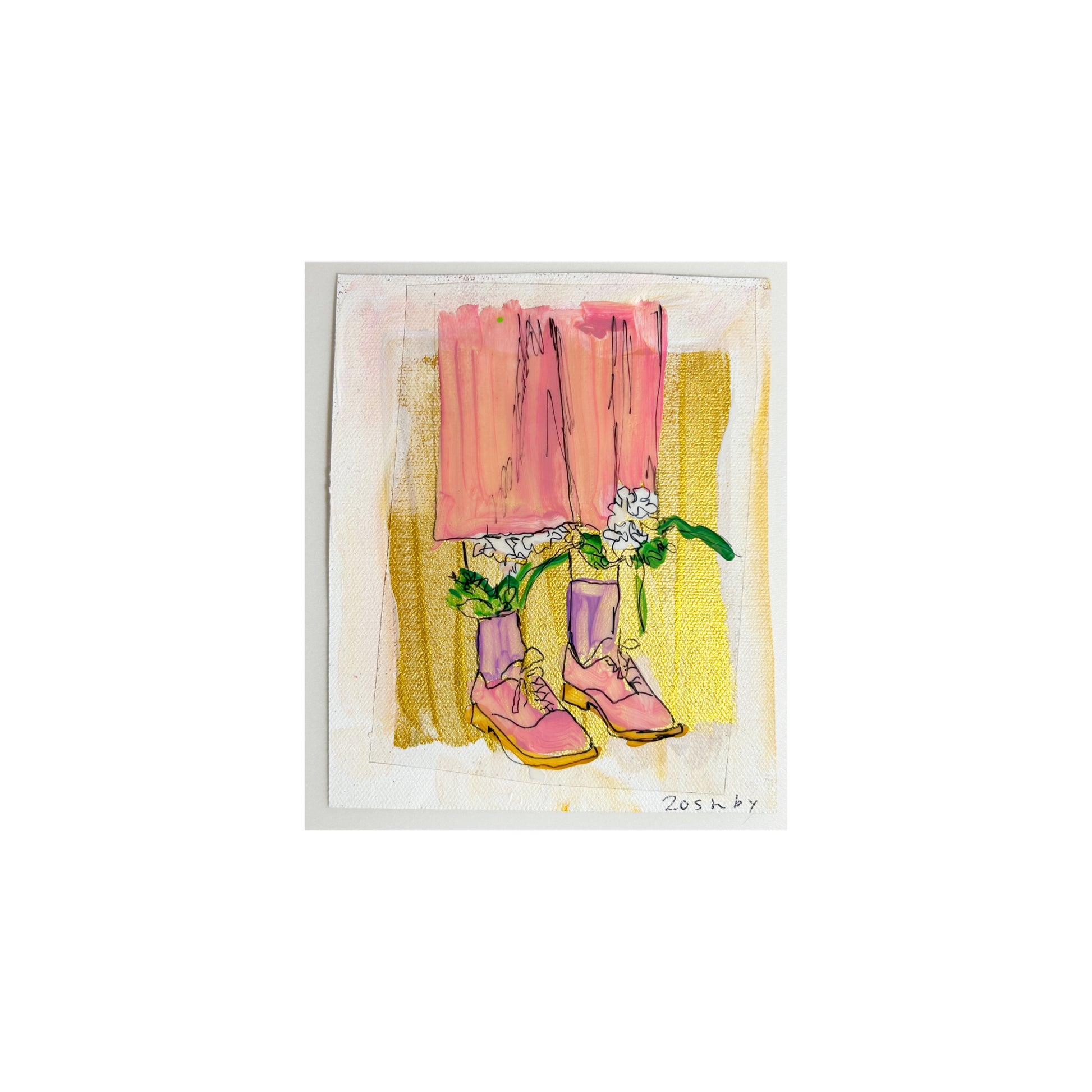 5x6 inch Pink Shoes painting by Natalie Russo, featuring pink shoes with floral details and a gold background. The acrylic paint on a canvas sheet is framed in a natural wood frame, ready for display.