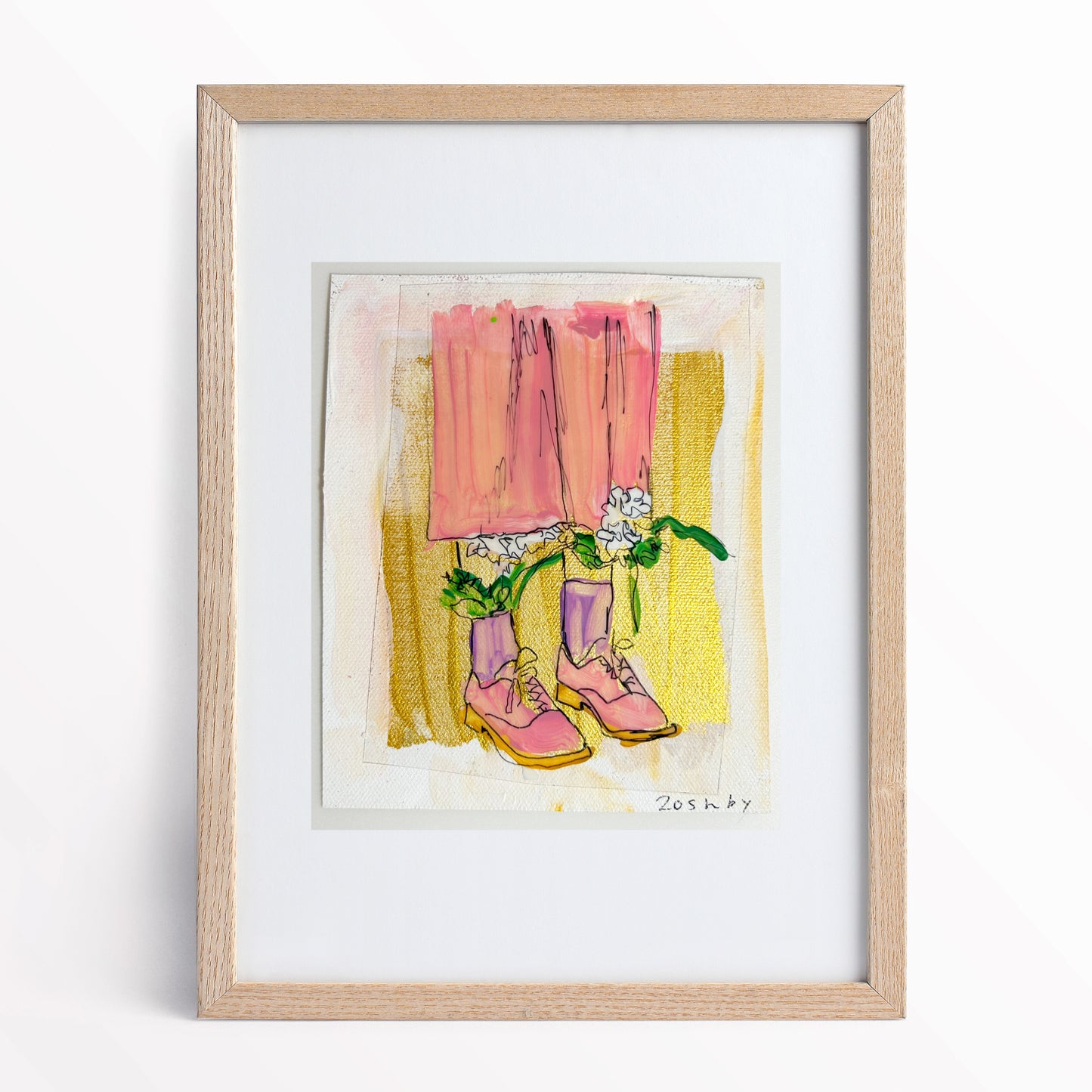 Framed 5x6 inch painting by Natalie Russo, featuring pink shoes against a textured gold background. The whimsical acrylic painting is displayed on a shelf next to a vase of greenery, adding a quirky touch to the space.