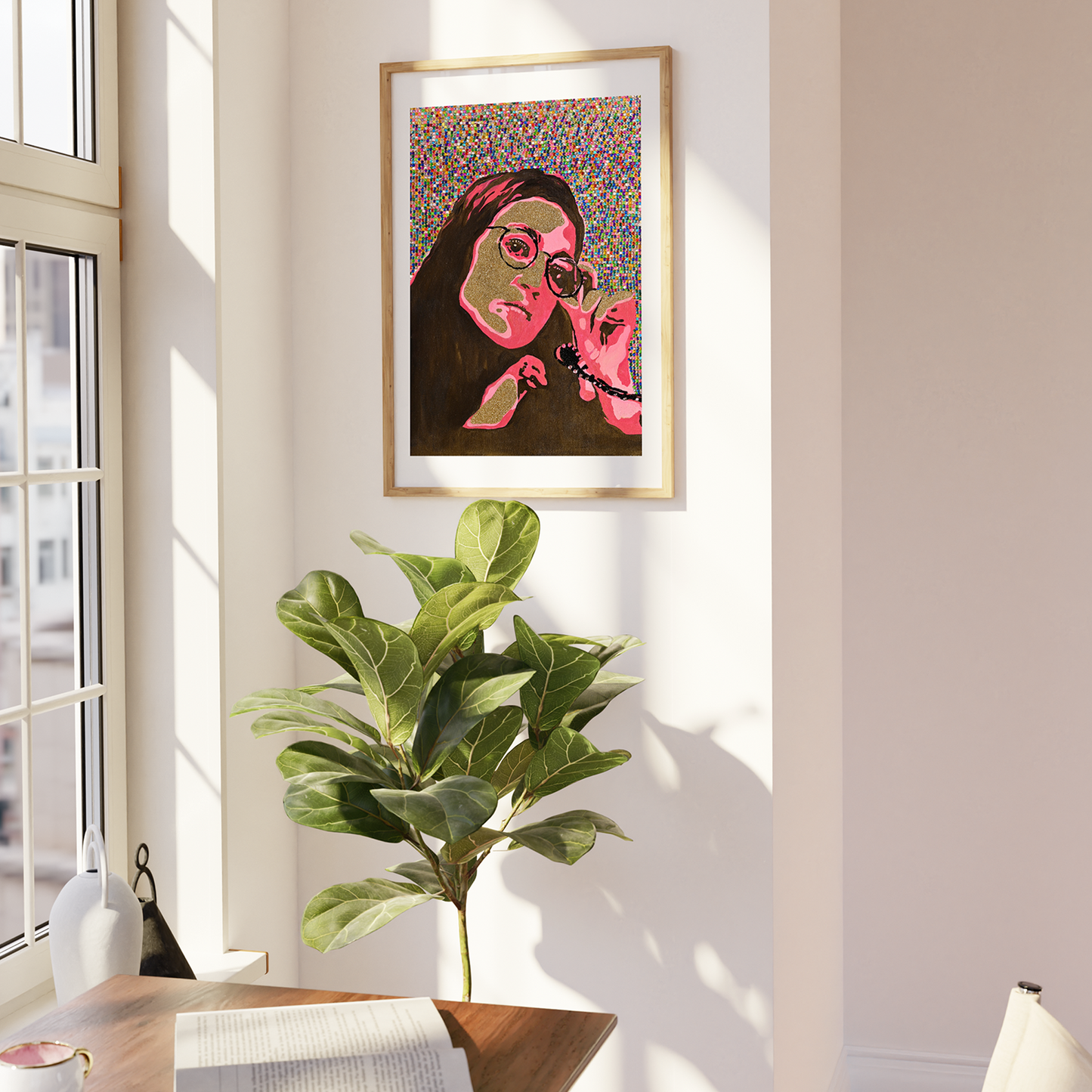 Framed print of AOC Alexandria Ocasio-Cortez, American politician and activist hangs inside a beautiful apartment next to a window on a sunny day
