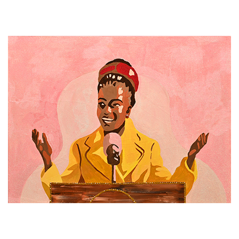 Painting of poet Amanda Gorman from her speech at the 2020 inauguration for president. there lots of glitter and jewels